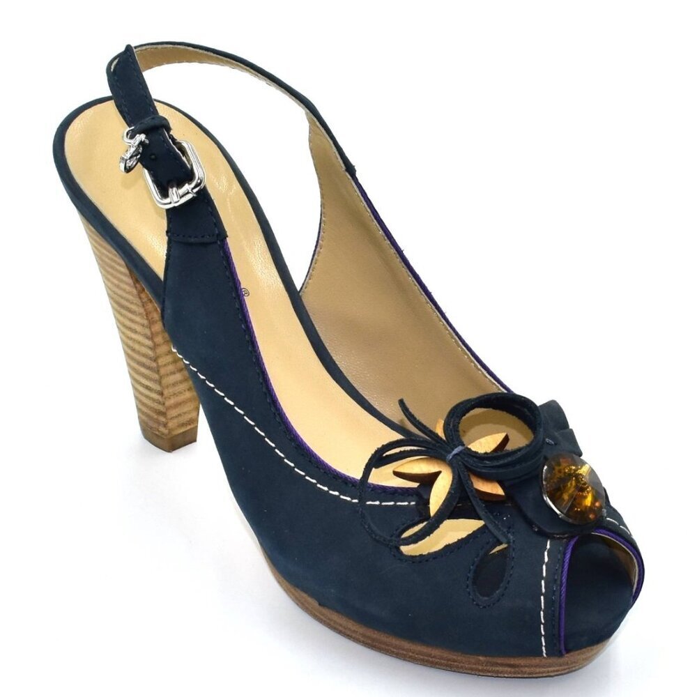 Cafe Noir Slingback Peep Toe High Heels Blue Suede Jewel Detail Wood Heel Size 7